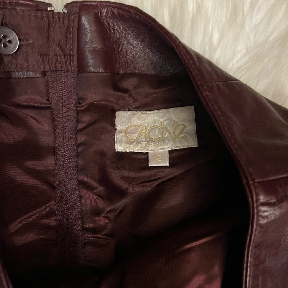 CACHE Oxblood Burgundy Leather Asymmetric Midi Slit Skirt 90s Deadstock - Picture 9 of 13